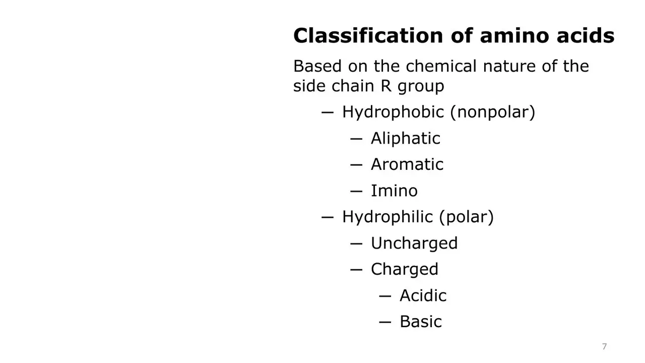 Lecture: classification by side chain, hydrophobic vs hydrophilic, with subgroups