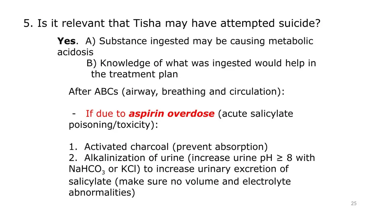 Aspirin overdose treatment: activated charcoal, then urine alkalinisation