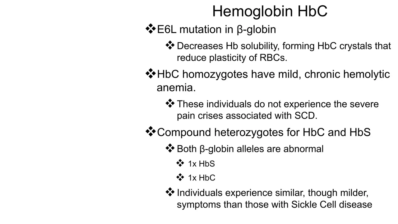 Lecture: HbC crystals, mild haemolytic anaemia, HbSC; slide's 'E6L' is E6K