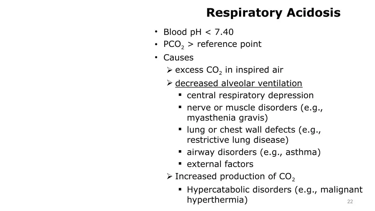 Respiratory acidosis: pH < 7.40, PCO2 above 40; causes grouped by mechanism.
