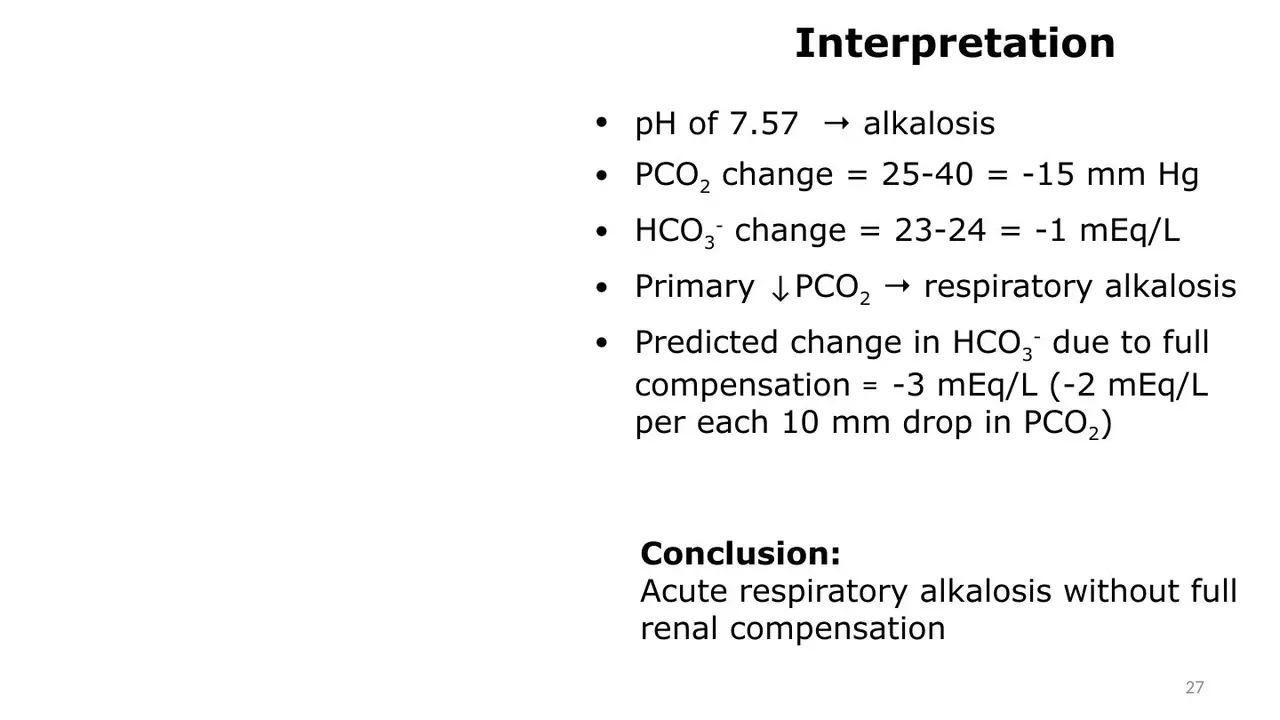 Case 2 worked: PCO2 −15, HCO3⁻ −1, acute respiratory alkalosis