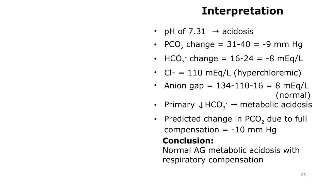 Case 3 worked: gap 8, normal-gap metabolic acidosis, compensated