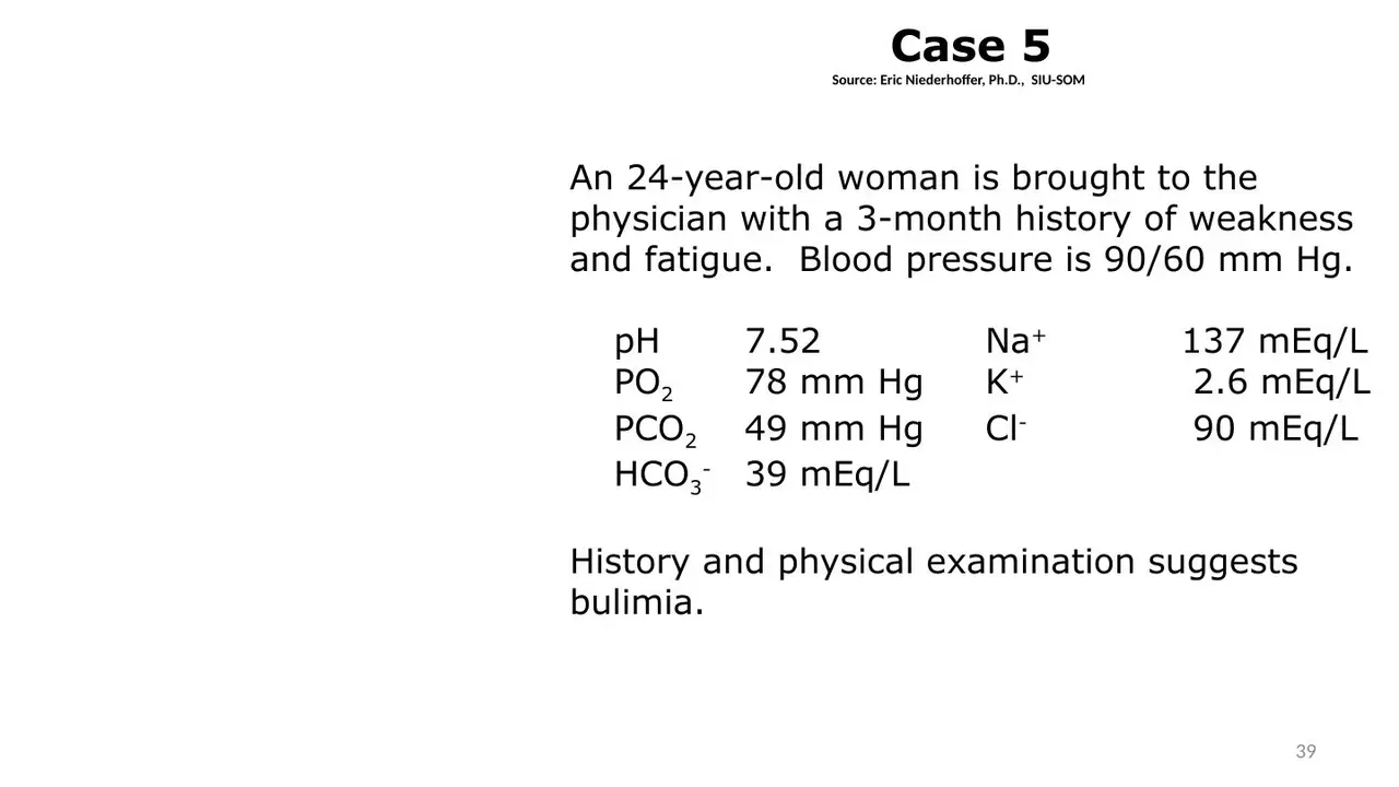 Case 5: suspected bulimia, low blood pressure, low K⁺