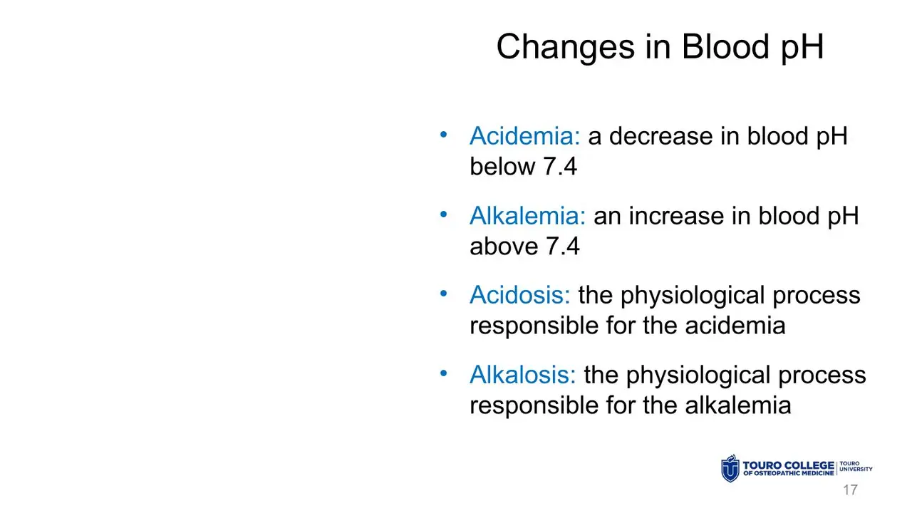 Acidaemia/alkalaemia = blood pH below/above 7.4; -osis = the process causing it.