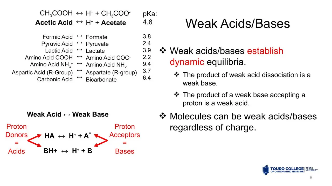 Weak acids form equilibria with their conjugate bases; primer pKa table.