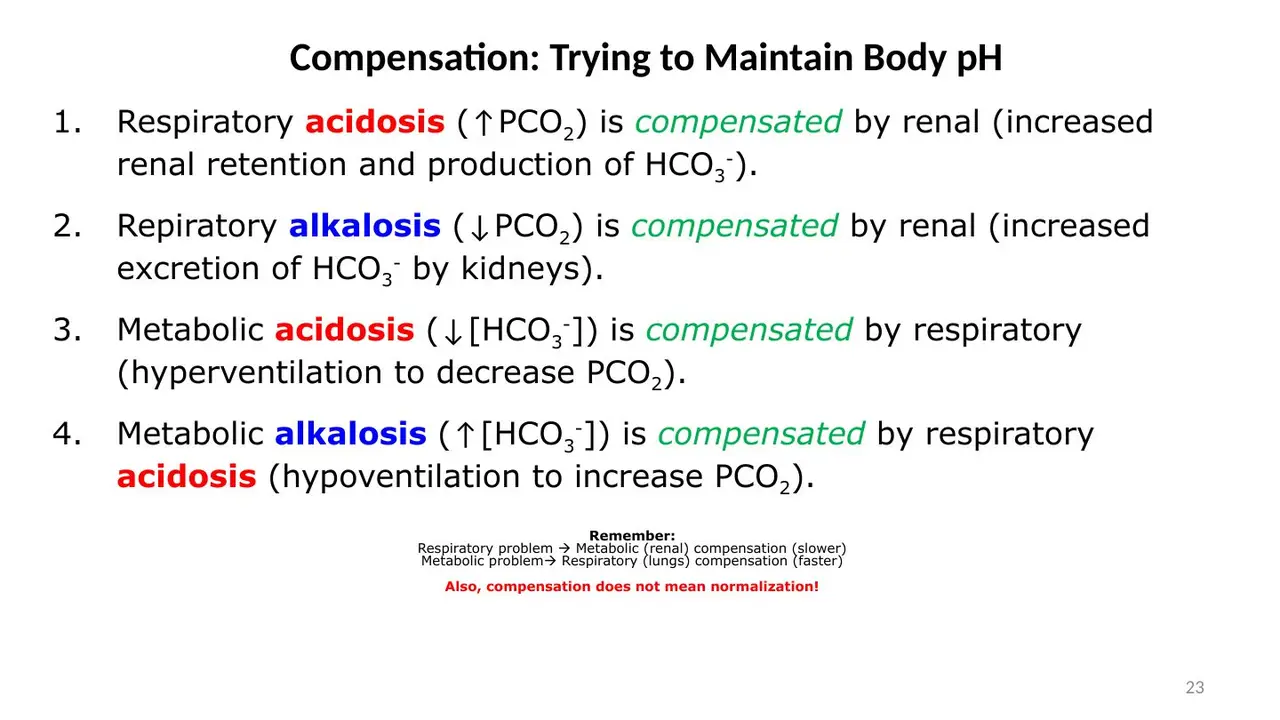 Review slide: renal compensation slower, lungs faster; compensation is not normalisation