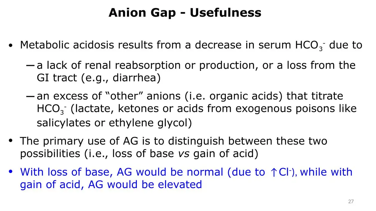 Review slide: anion gap usefulness, with diarrhoea as base loss