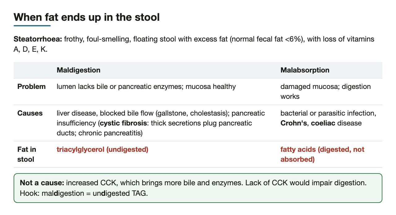 Steatorrhoea: maldigestion (TAG in stool) vs malabsorption (fatty acids in stool)