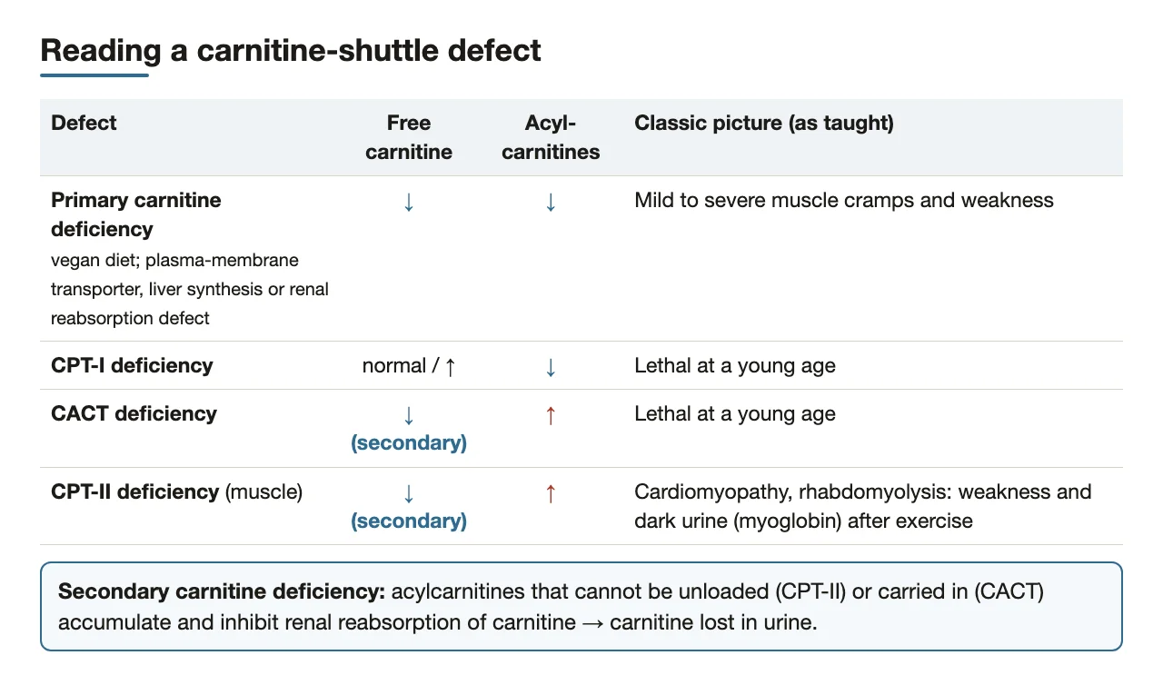 Carnitine and acylcarnitine patterns and the classic picture of each shuttle defect