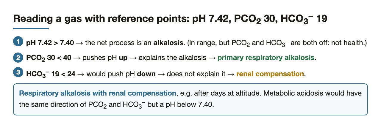 Worked gas: pH 7.42, PCO2 30, HCO3− 19 = respiratory alkalosis, renally compensated.