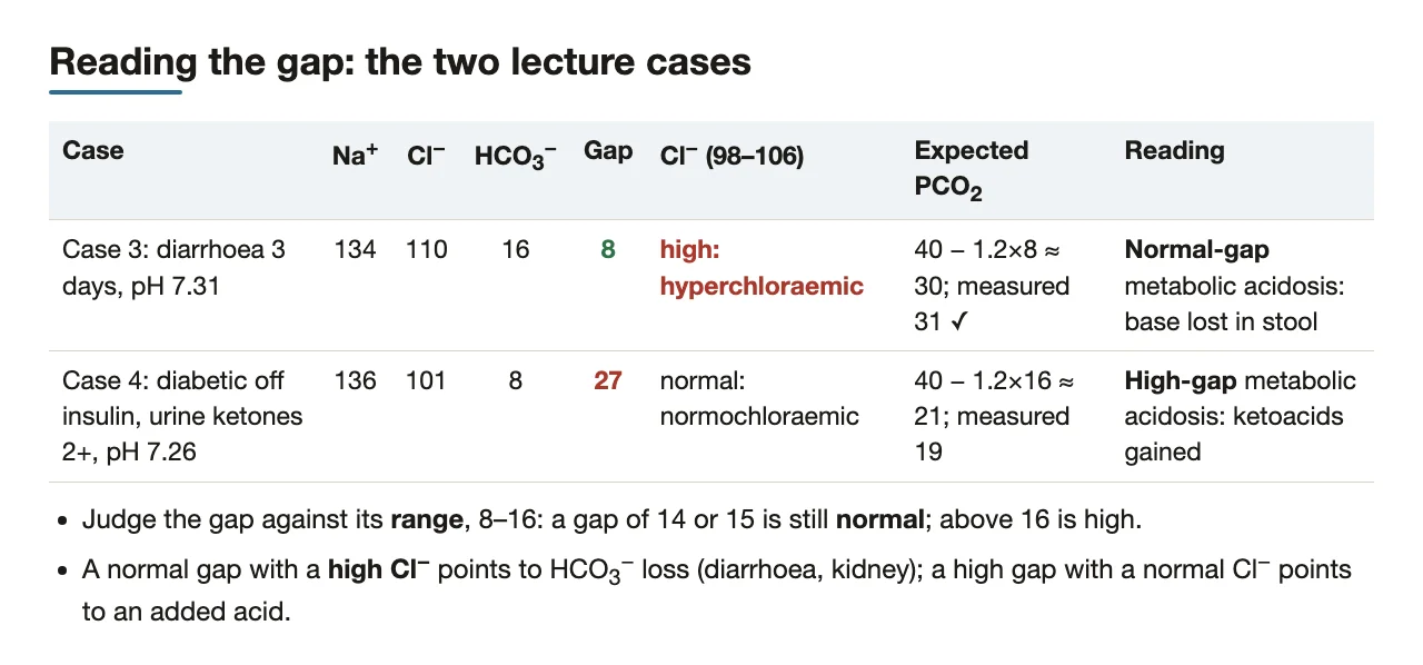 Both lecture cases side by side: gap, chloride, expected PCO2