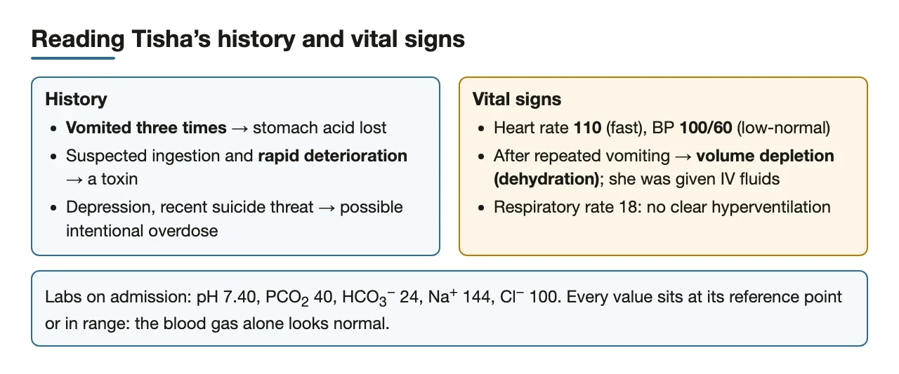 Her history and vital signs read: volume depletion, normal-looking gas