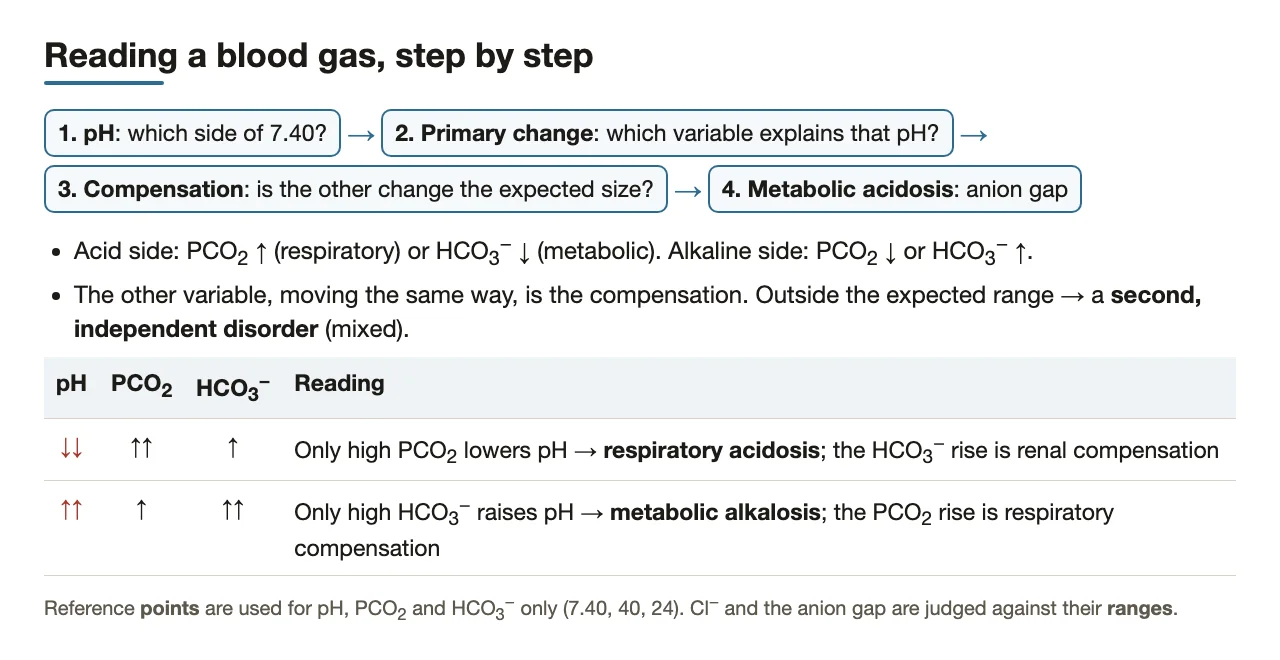 Four steps for reading a blood gas, with two arrow patterns