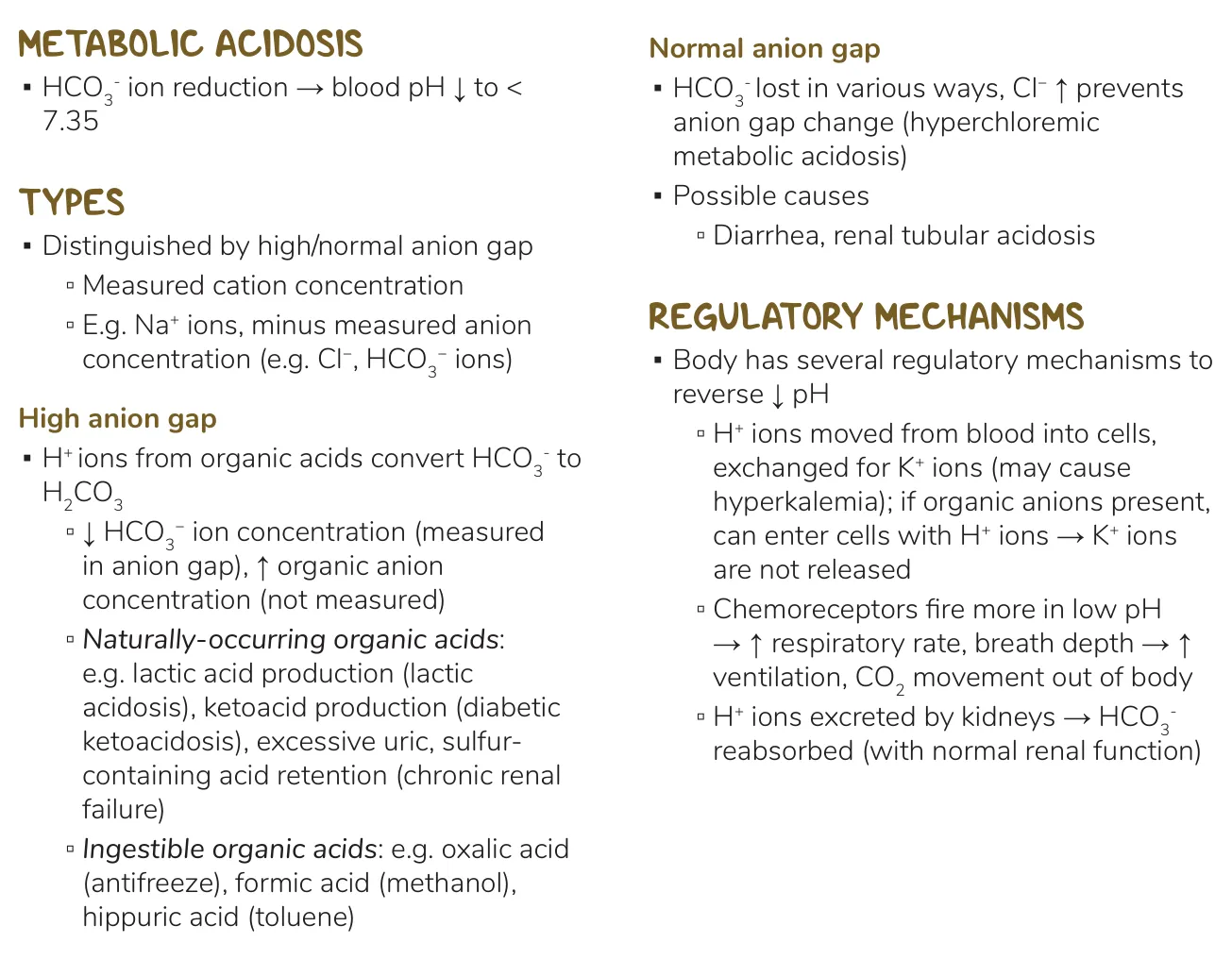 Osmosis notes: high-gap organic acids (lactate, ketoacids, toxins) vs normal-gap HCO3− loss.
