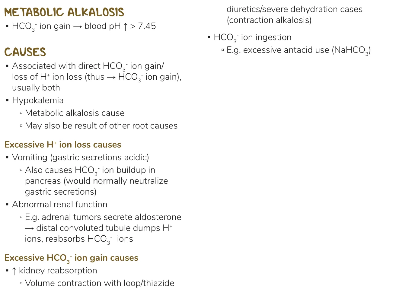 Osmosis notes: H+-loss and HCO3−-gain causes of metabolic alkalosis.