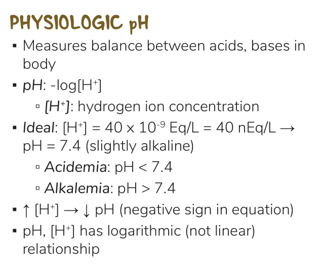 Osmosis notes: pH = −log[H+], ideal blood [H+] 40 nEq/L, logarithmic relationship.