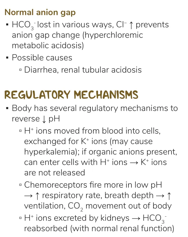 Osmosis notes: normal gap from HCO3⁻ loss; compensating mechanisms