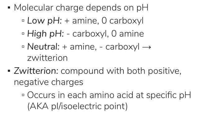 Osmosis notes: charge at low, high and neutral pH; zwitterion at the pI