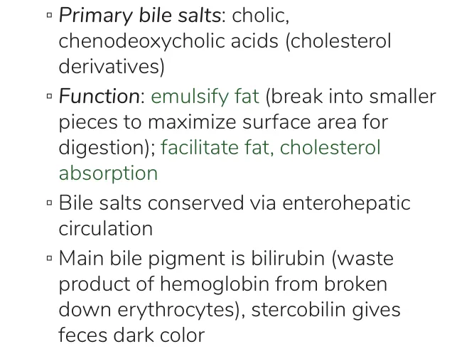 Osmosis notes: primary bile salts, emulsifying function, bilirubin pigment