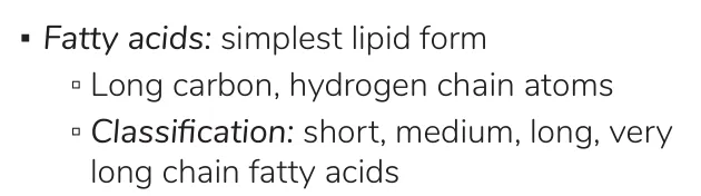 Osmosis notes: fatty acids are long hydrocarbon chains, classed short to very long.