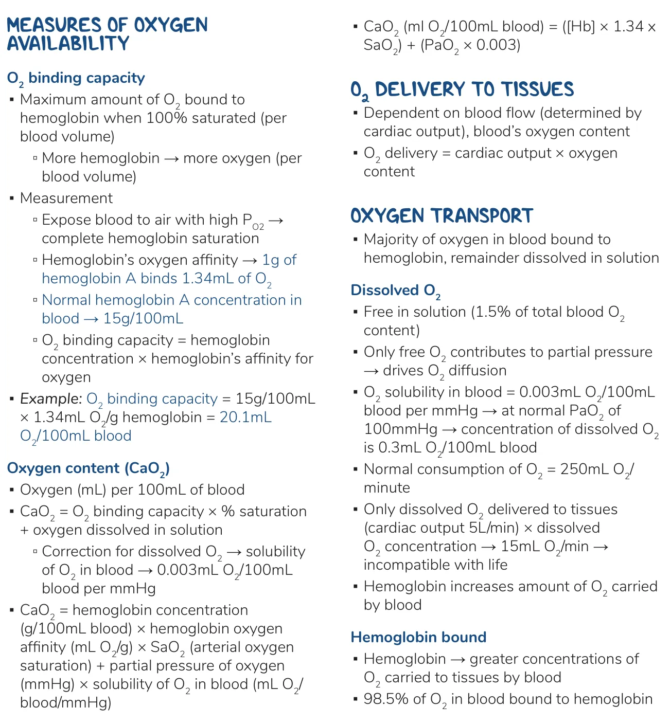 Osmosis notes: binding capacity, the O2 content formula, dissolved vs Hb-bound O2, delivery.