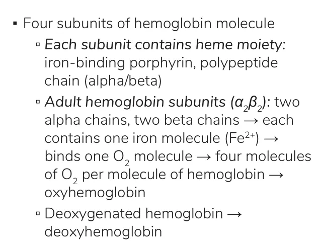 Osmosis notes: adult Hb α2β2, each chain one Fe2+ haem, four O2 per molecule.