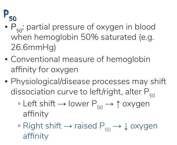 Osmosis notes: P50 measures affinity; left shift lowers it, right shift raises it.