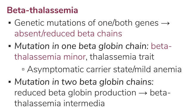 Osmosis notes: one β mutation = minor; two with reduced β = intermedia