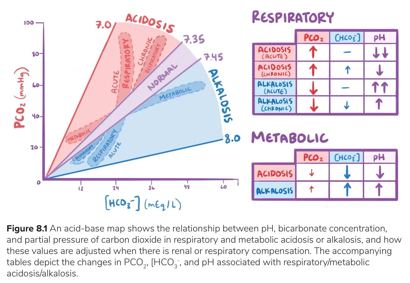 Acid–base map with acute and chronic bands for respiratory disorders